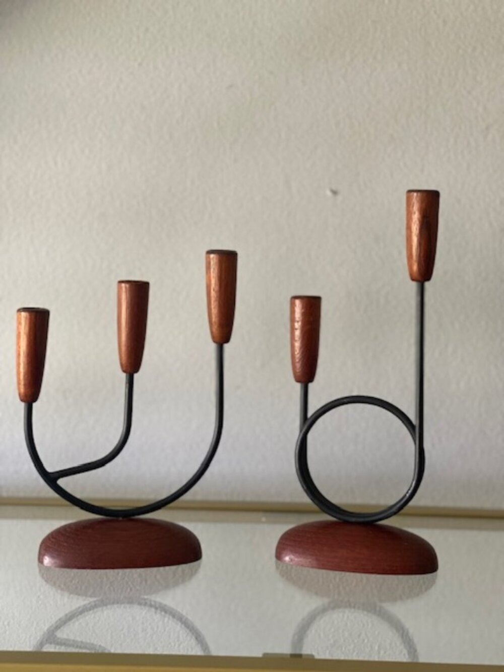 Pair of Luthje Danish Mid-Century Modern Candlesticks Teak and Black Metal